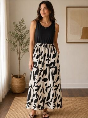 Sleeveless Black + Cream Botanical Print Maxi Dress
